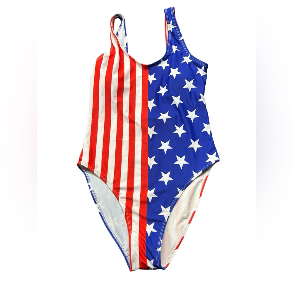 USA patriotic red white blue Stars & Stripes one piece Y2K U back swimsuit NWOT